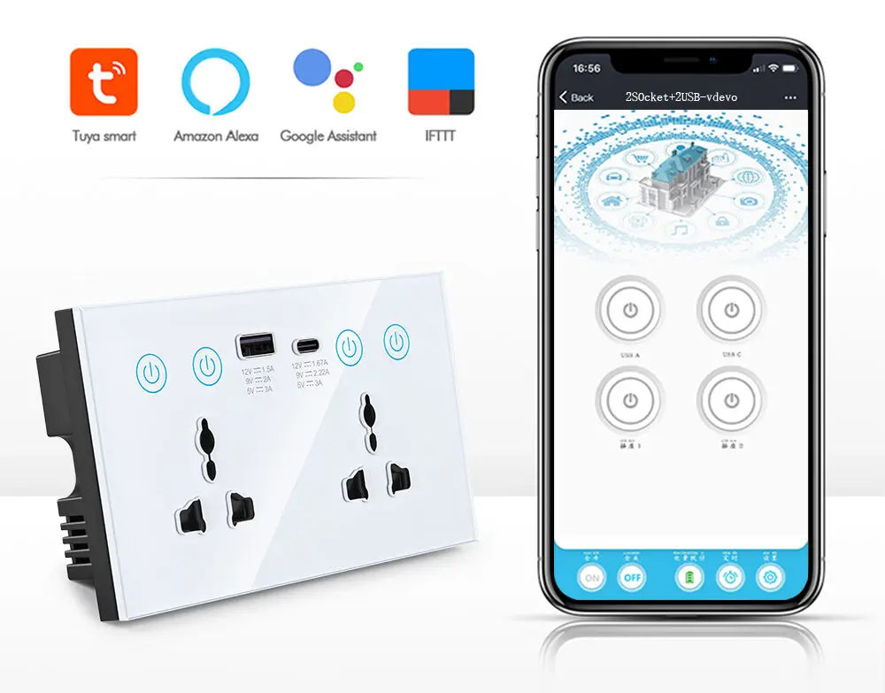 Tuya WiFi Smart Double Universal Socket USB-A Type-C